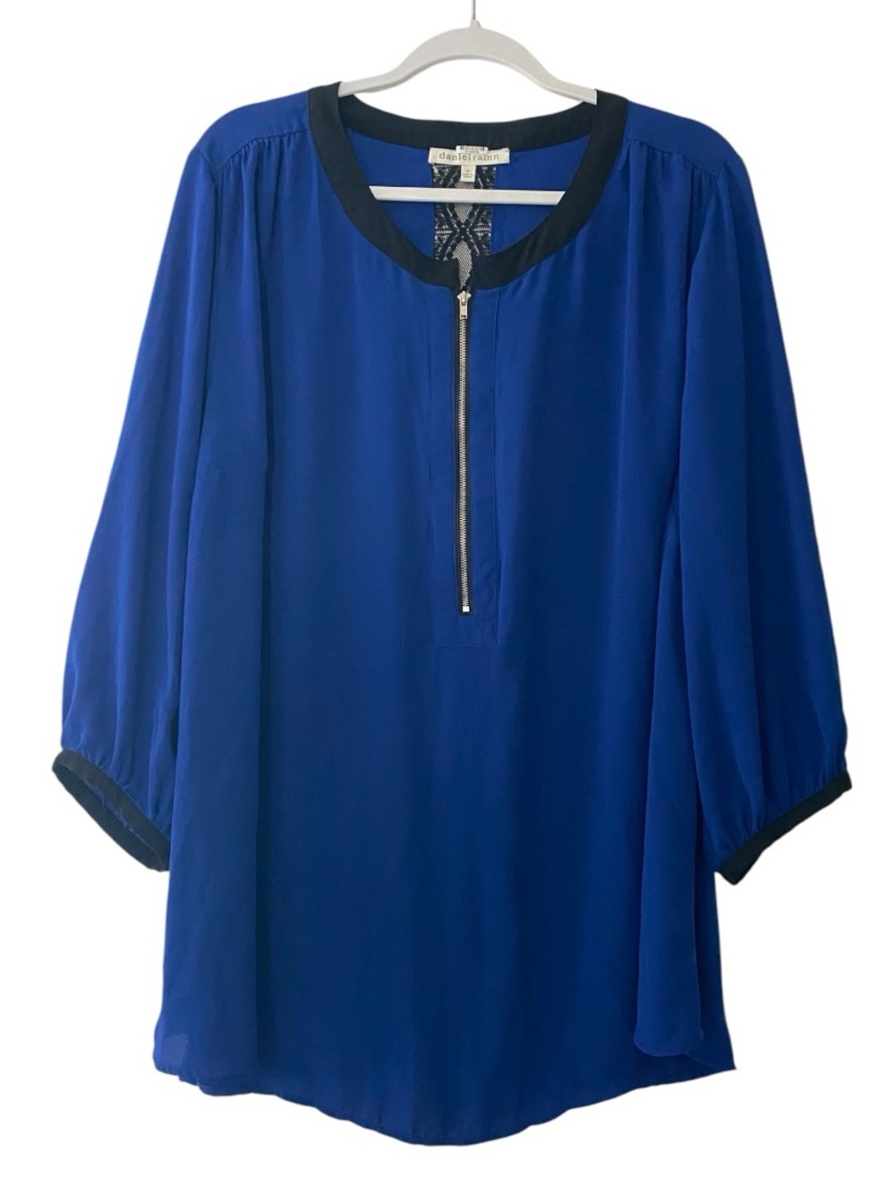 Daniel Rainn Royal Blue Zip-Front Blouse with Black Trim